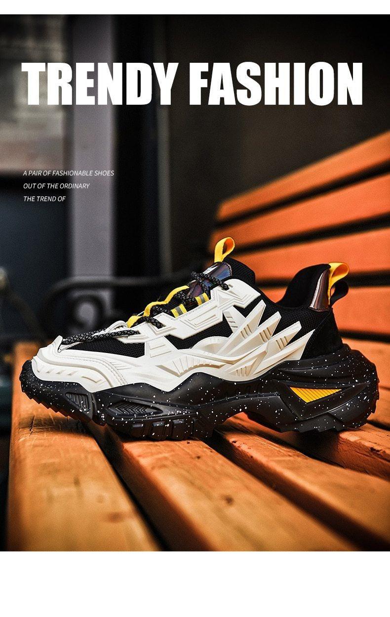 Mens Stevvex chunky sneakers with white black upper and yellow accents thick speckled sole on Tampa Home & Garden Store