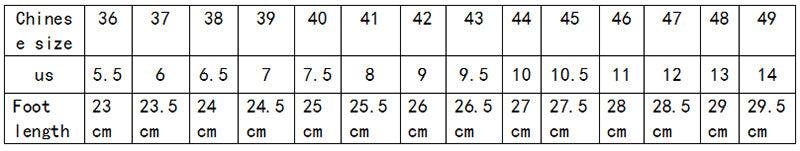 Stevvex slippers size chart showing Chinese 36–49, US 5.5–14, foot length 23–29.5 cm on Tampa Home & Garden Store