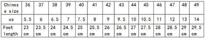Stevvex slippers size chart showing Chinese 36–49, US 5.5–14, foot length 23–29.5 cm on Tampa Home & Garden Store