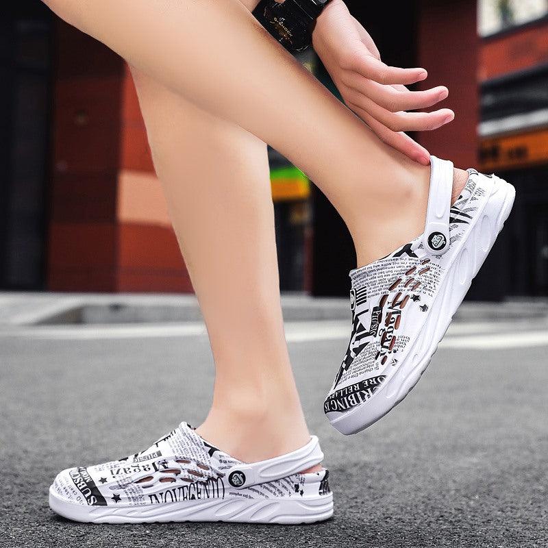 Stevvex white newspaper-print slip-on slippers with cushioned sole for men on Tampa Home & Garden Store