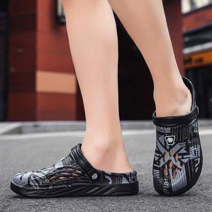 Men's Stevvex summer sandals black gray graphic pattern with breathable holes on Tampa Home & Garden Store
