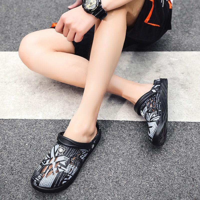 Stevvex men's black breathable slip-on sandals with graphic pattern for beach and garden on Tampa Home & Garden Store