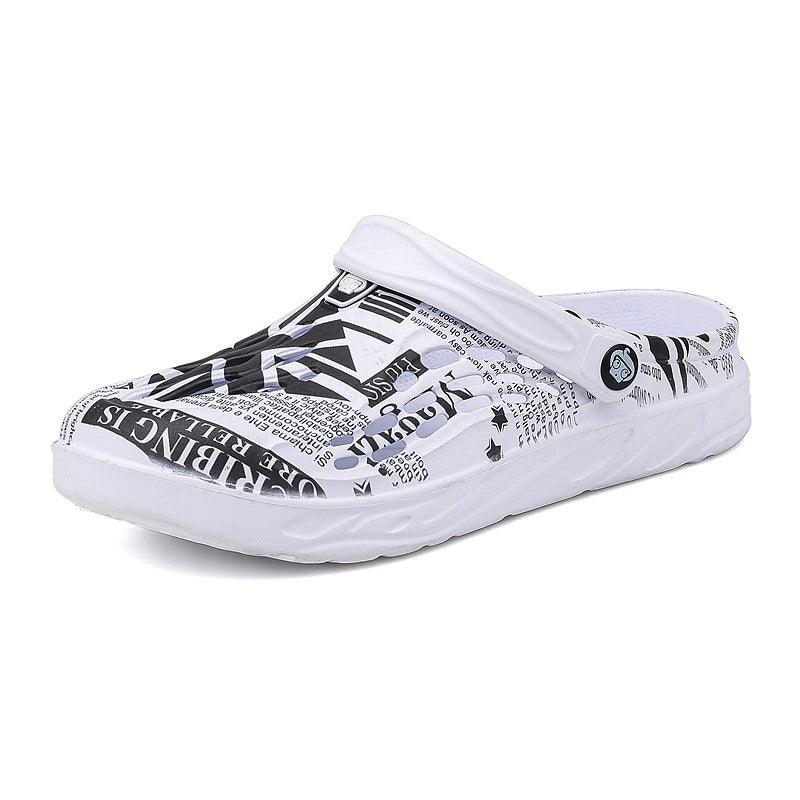 Men's Stevvex white newspaper-print slip-on slippers with cushioned sole and back strap on Tampa Home & Garden Store