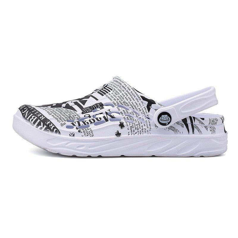 Mens Summer Shoes Sandals Stevvex white printed slip-ons with back strap and arch support on Tampa Home & Garden Store