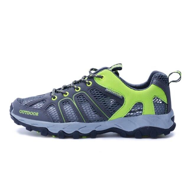 Stevvex men's waterproof hiking shoe with mesh upper and lime accents, rugged outsole on Tampa Home & Garden Store