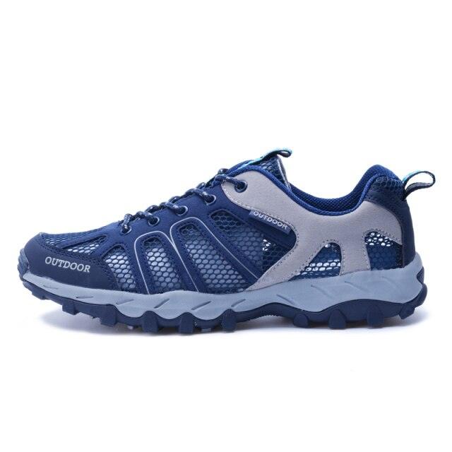 Mens waterproof hiking shoes with navy mesh upper and rugged outsole on Tampa Home & Garden Store