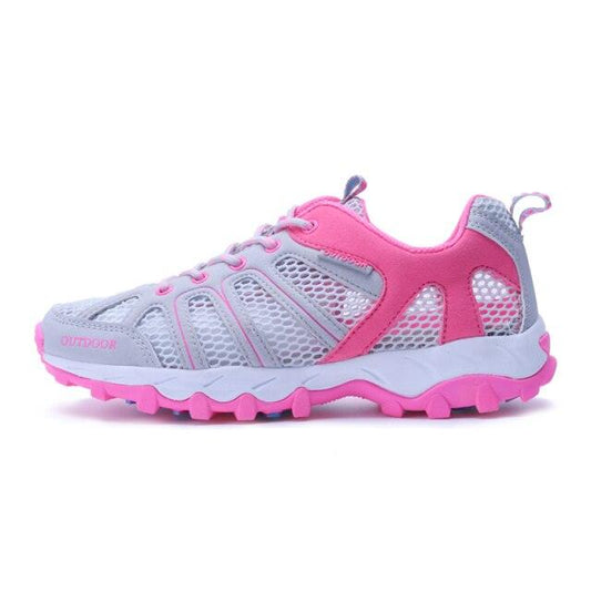 Men's waterproof hiking shoe with grey mesh upper, pink overlays, rugged pink outsole on Tampa Home & Garden Store