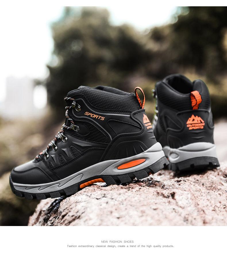 Stevvex Mens Winter Snow Boots black waterproof leather with orange accents outsole pair on Tampa Home & Garden Store