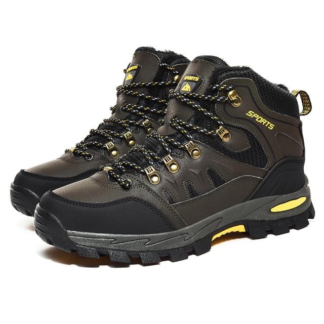 Stevvex mens winter snow boots waterproof leather hiking ankle-high rugged sole yellow accents on Tampa Home & Garden Store