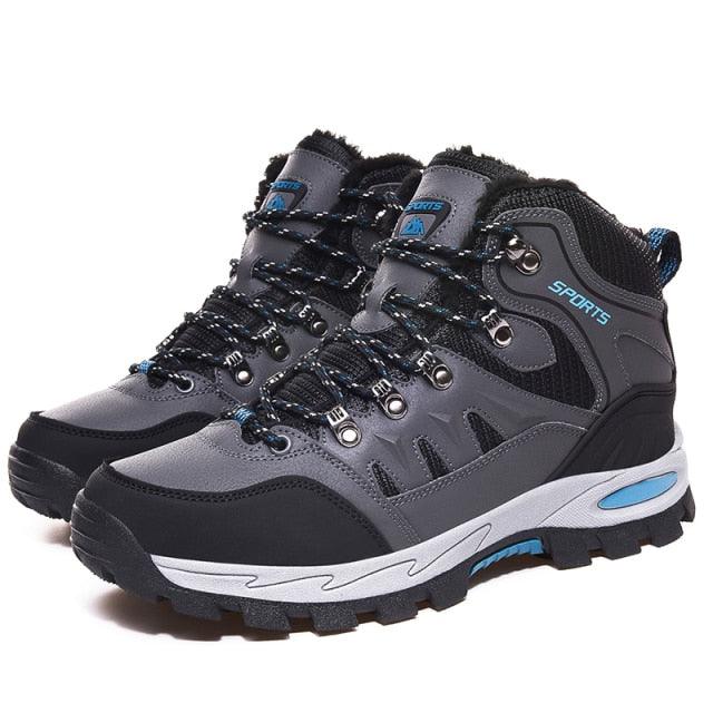 Stevvex mens winter waterproof leather hiking boots pair grey/black with blue accents warm lining on Tampa Home & Garden Store