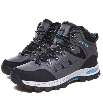 Stevvex mens winter waterproof leather hiking boots pair grey/black with blue accents warm lining on Tampa Home & Garden Store