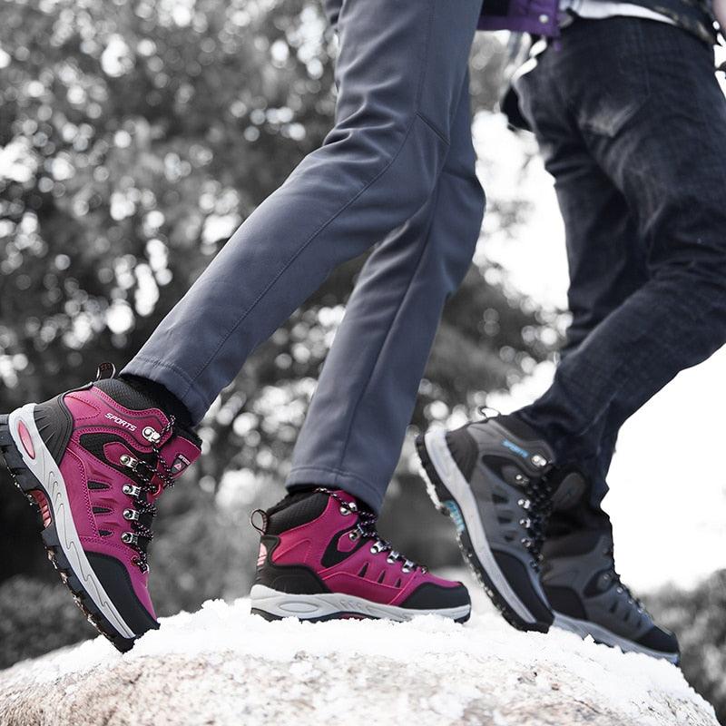 Stevvex Mens Winter Snow Boots leather ankle hiking boots warm lining pink/black non-slip sole on Tampa Home & Garden Store