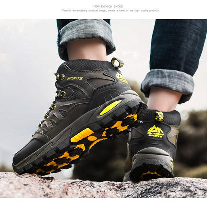 Stevvex men's winter snow boots waterproof leather rugged ankle boots with yellow accents on Tampa Home & Garden Store