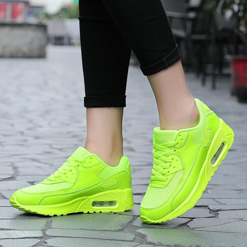 Stevvex neon lime green mesh sneakers with visible air sole, lace-up unisex athletic shoes on Tampa Home & Garden Store