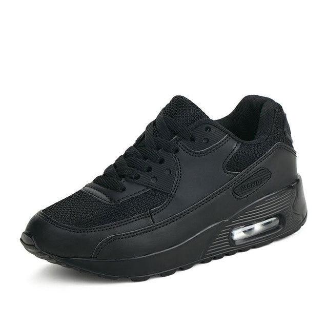Stevvex unisex luxury sneakers in black mesh with leather overlays, lace-up athletic walking shoes on Tampa Home & Garden Store