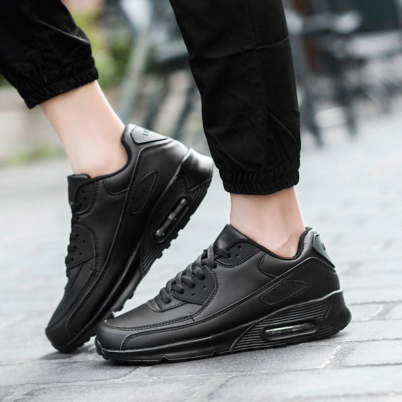 Stevvex black luxury sneakers with mesh upper, lace-up, air-cushioned sole, unisex on Tampa Home & Garden Store