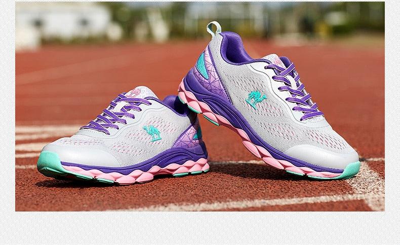 Stevvex marathon sport sneakers pair, breathable gray mesh with purple accents and pink outsole on Tampa Home & Garden Store