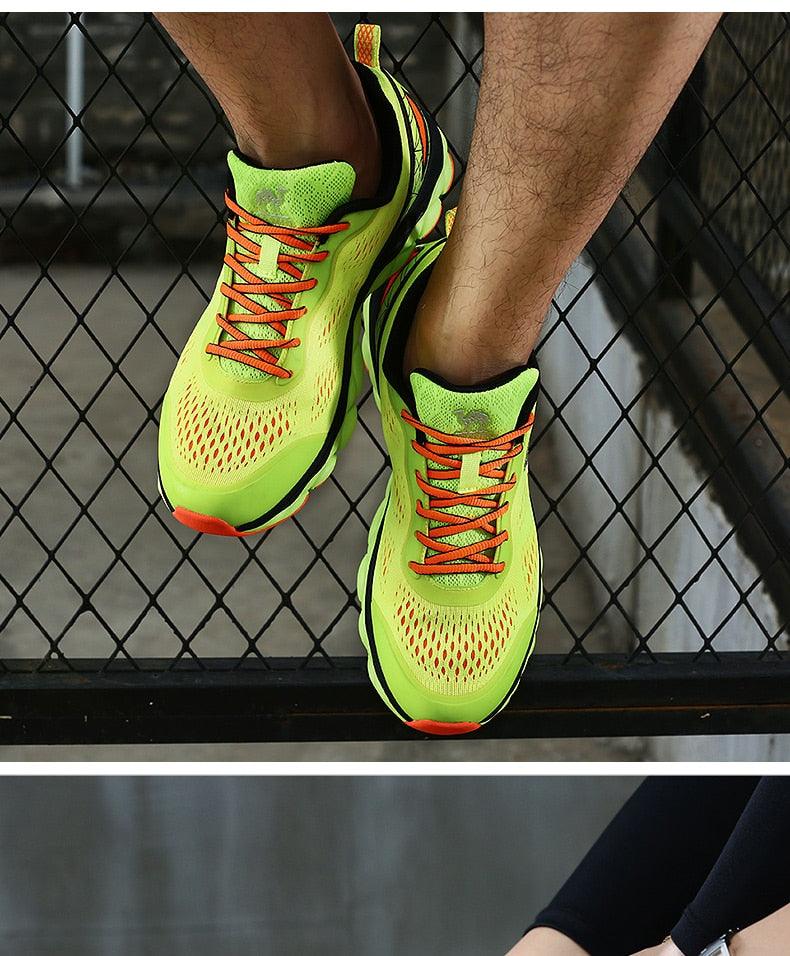 Stevvex neon green running sneakers with orange laces, breathable mesh upper on Tampa Home & Garden Store