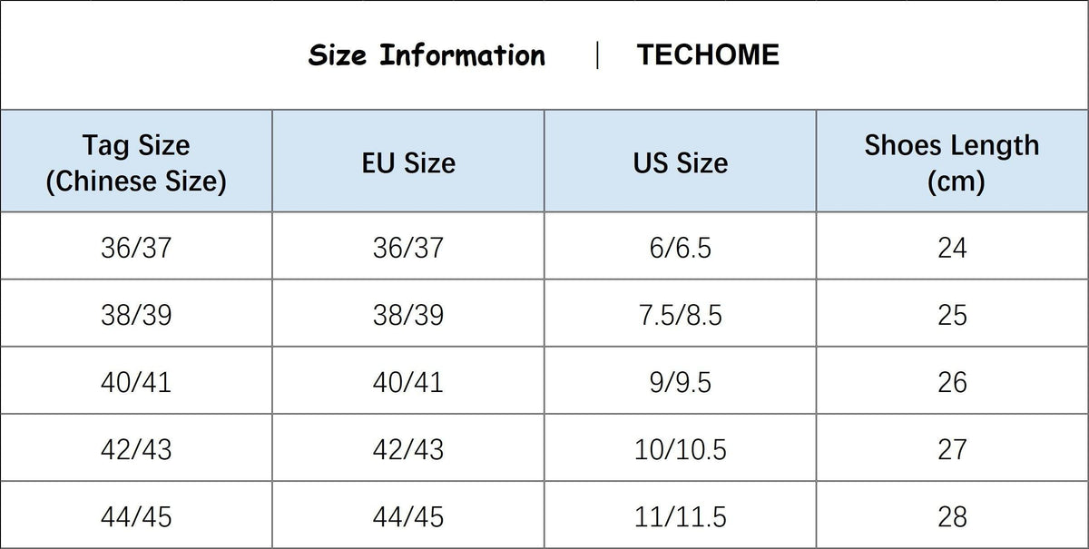 Size chart for slippers showing Chinese tag sizes, EU/US sizes and cm length 24–28 on TECHOME on Tampa Home & Garden Store