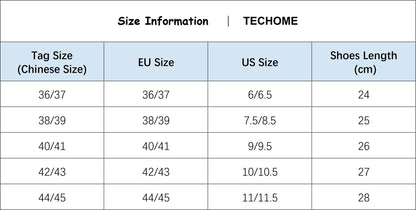 Size chart for slippers showing Chinese tag sizes, EU/US sizes and cm length 24–28 on TECHOME on Tampa Home & Garden Store