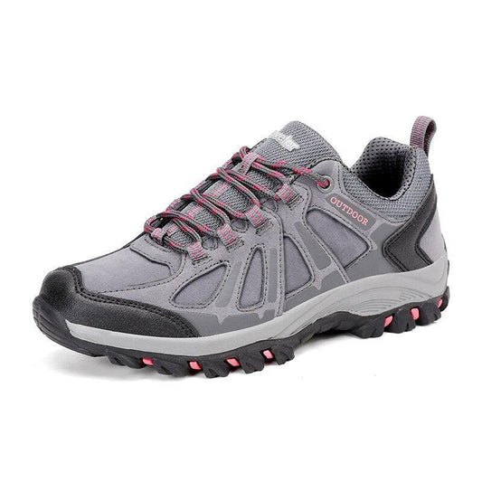 Stevvex outdoor travel athletic shoe gray with pink laces, rugged tread outsole on Tampa Home & Garden Store