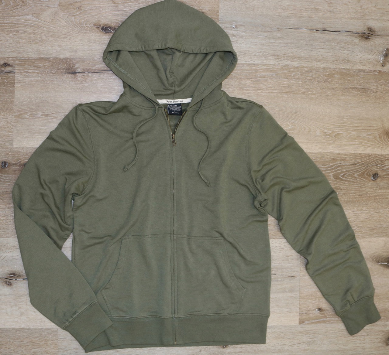 Men's full-zip bamboo hoodie in olive green by Spun Bamboo on Tampa Home & Garden Store