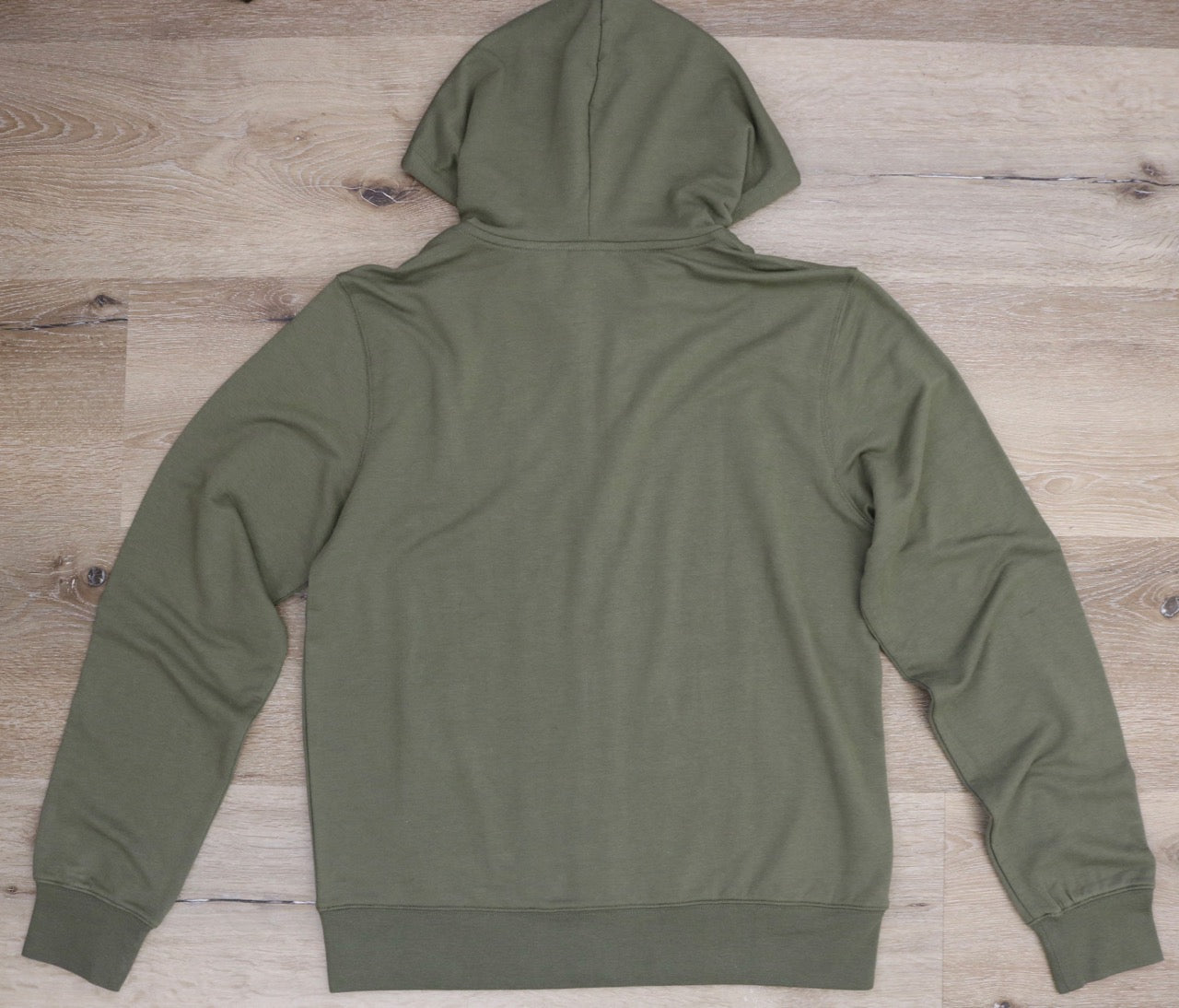 Men's Eco-Smart Full-Zip Bamboo Viscose Hoodie olive green by Spun Bamboo back view with hood on Tampa Home & Garden Store
