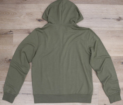 Men's Eco-Smart Full-Zip Bamboo Viscose Hoodie olive green by Spun Bamboo back view with hood on Tampa Home & Garden Store