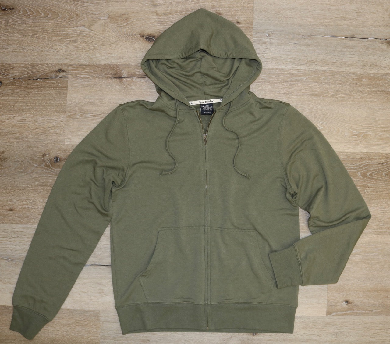 Men's eco-smart full-zip bamboo hoodie in olive green with hood and front pocket Spun Bamboo on Tampa Home & Garden Store