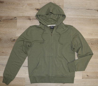 Men's eco-smart full-zip bamboo hoodie in olive green with hood and front pocket Spun Bamboo on Tampa Home & Garden Store
