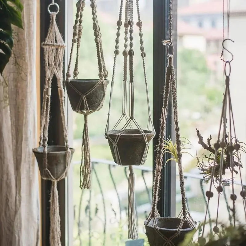 Cotton Hemp Rope Planter Hanger RusticReach natural beige macrame set of multiple indoors on Tampa Home & Garden Store