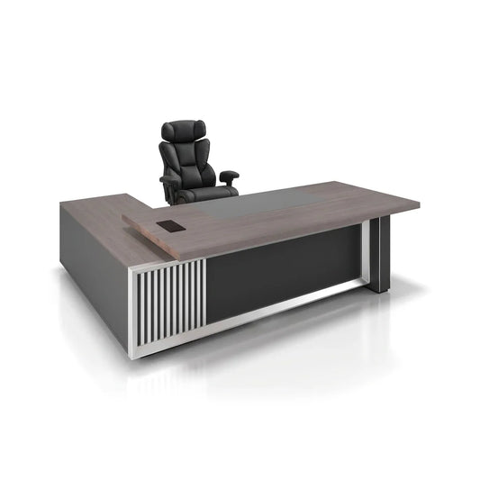 Engel Modern L-Shaped Executive Desk by Arc Grove with grey wood top and metal base on Tampa Home & Garden Store