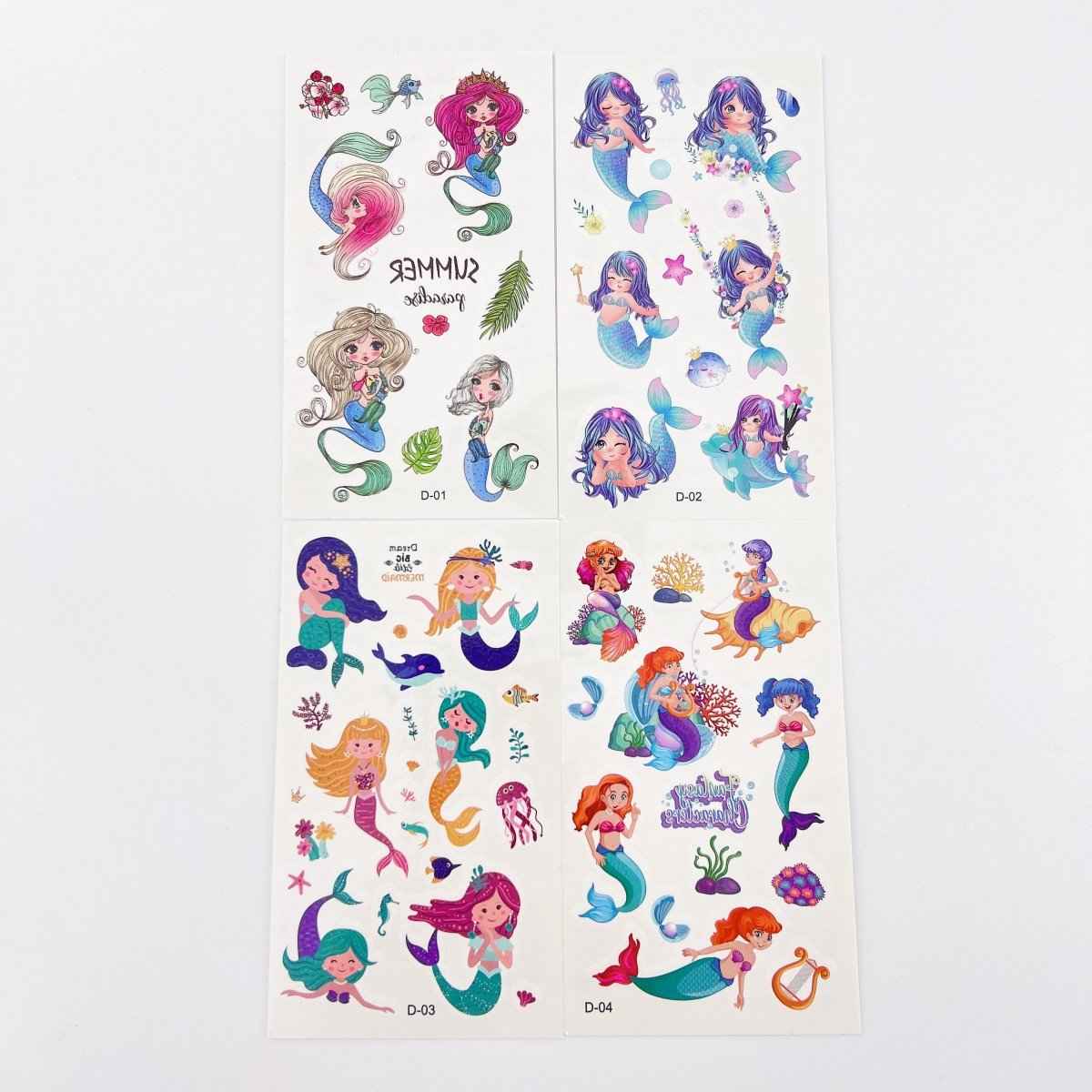 Mermaid Tattoos for Kids – 10 sheets by Shaketea, four colorful mermaid design sheets on Tampa Home & Garden Store