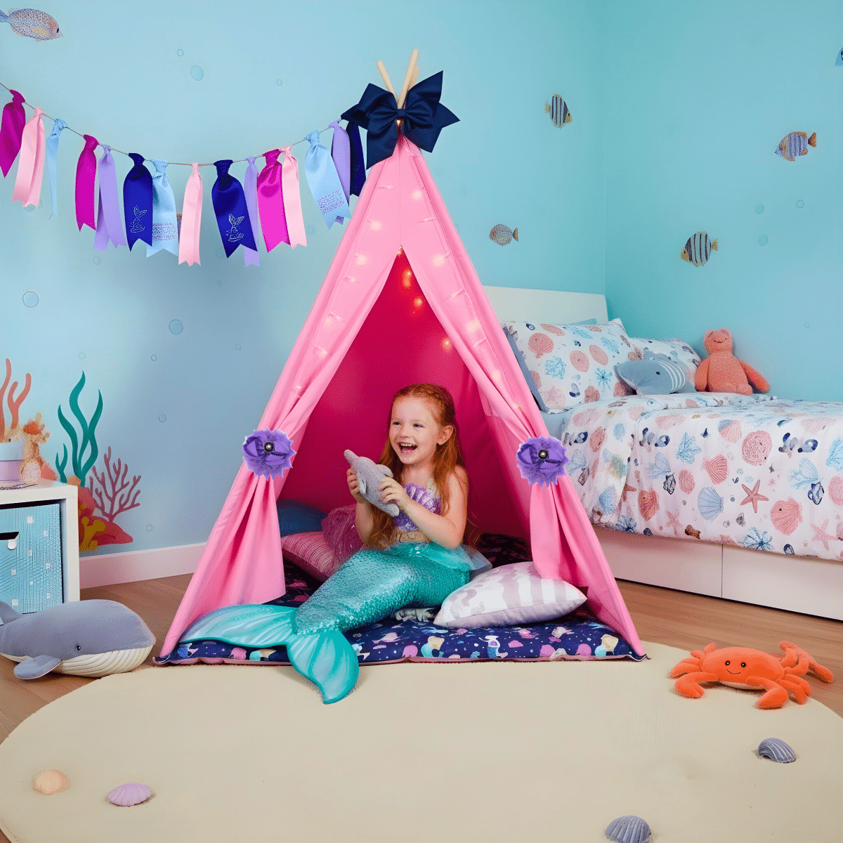 Mermaid teepee play tent gift set in pink with fairy lights and pillow bed on Tampa Home & Garden Store