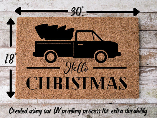 "Hello Christmas" Door Mat Truck & Tree Christmas Doormat