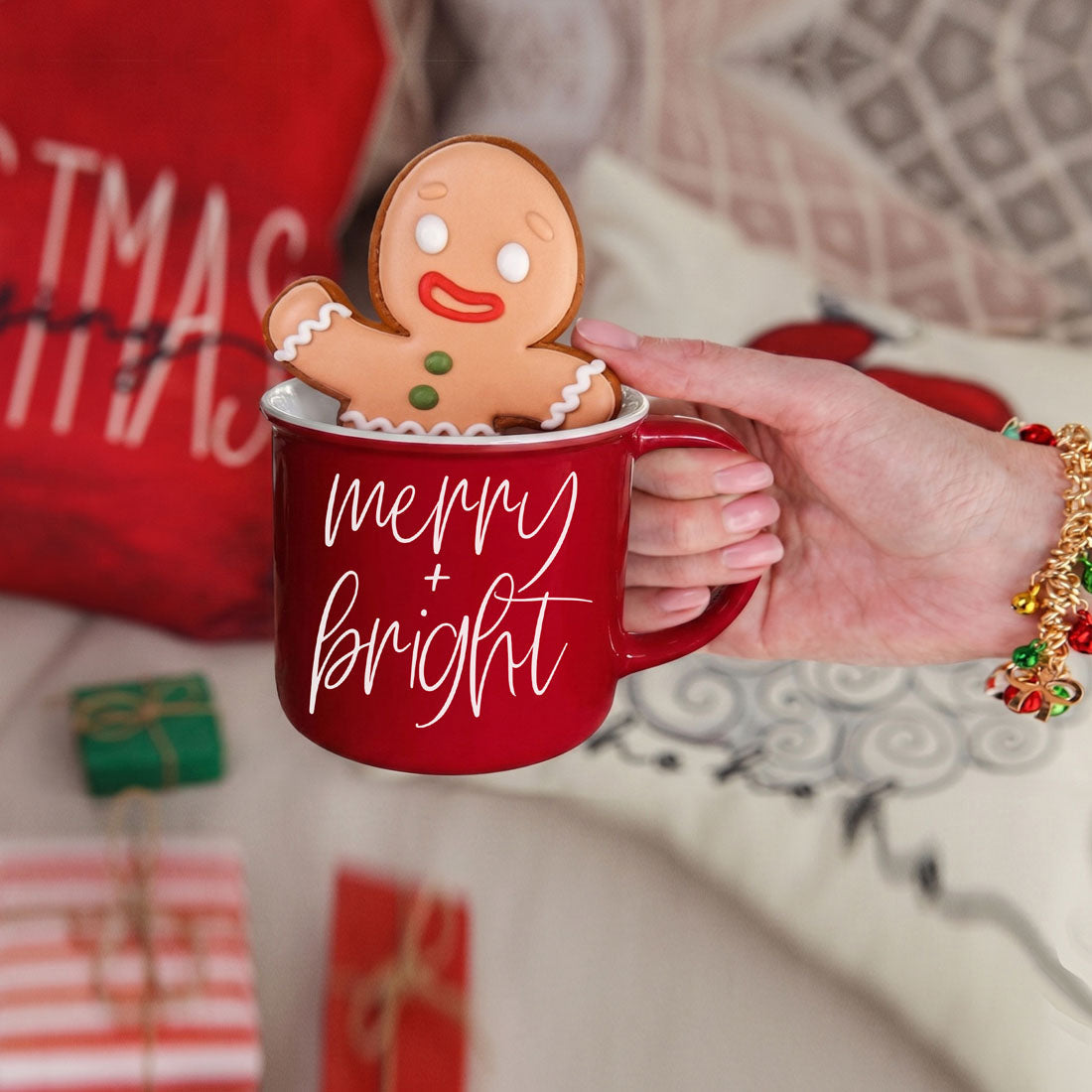 Merry & Bright Gia Roma mug red ceramic with white script and gingerbread man cookie on Tampa Home & Garden Store