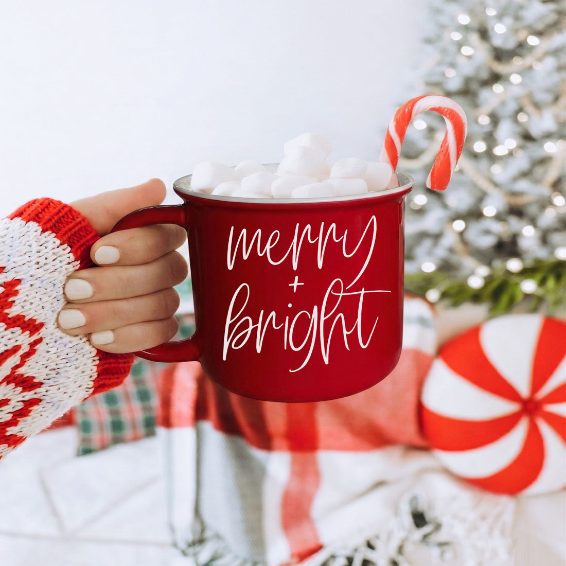 Merry & Bright coffee mug red with white handwritten text, marshmallows and candy cane on Tampa Home & Garden Store