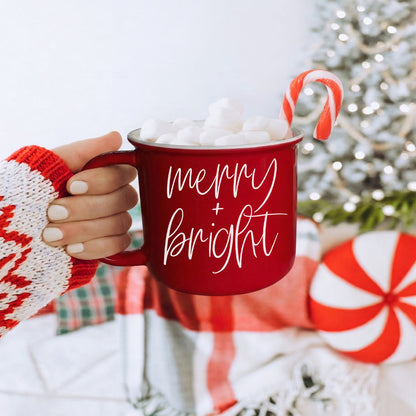 Merry & Bright coffee mug red with white handwritten text, marshmallows and candy cane on Tampa Home & Garden Store