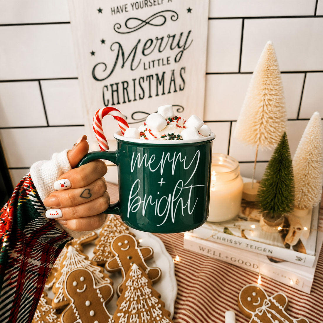 Merry & Bright coffee mug by Gia Roma in dark green with white script and marshmallow topping on Tampa Home & Garden Store