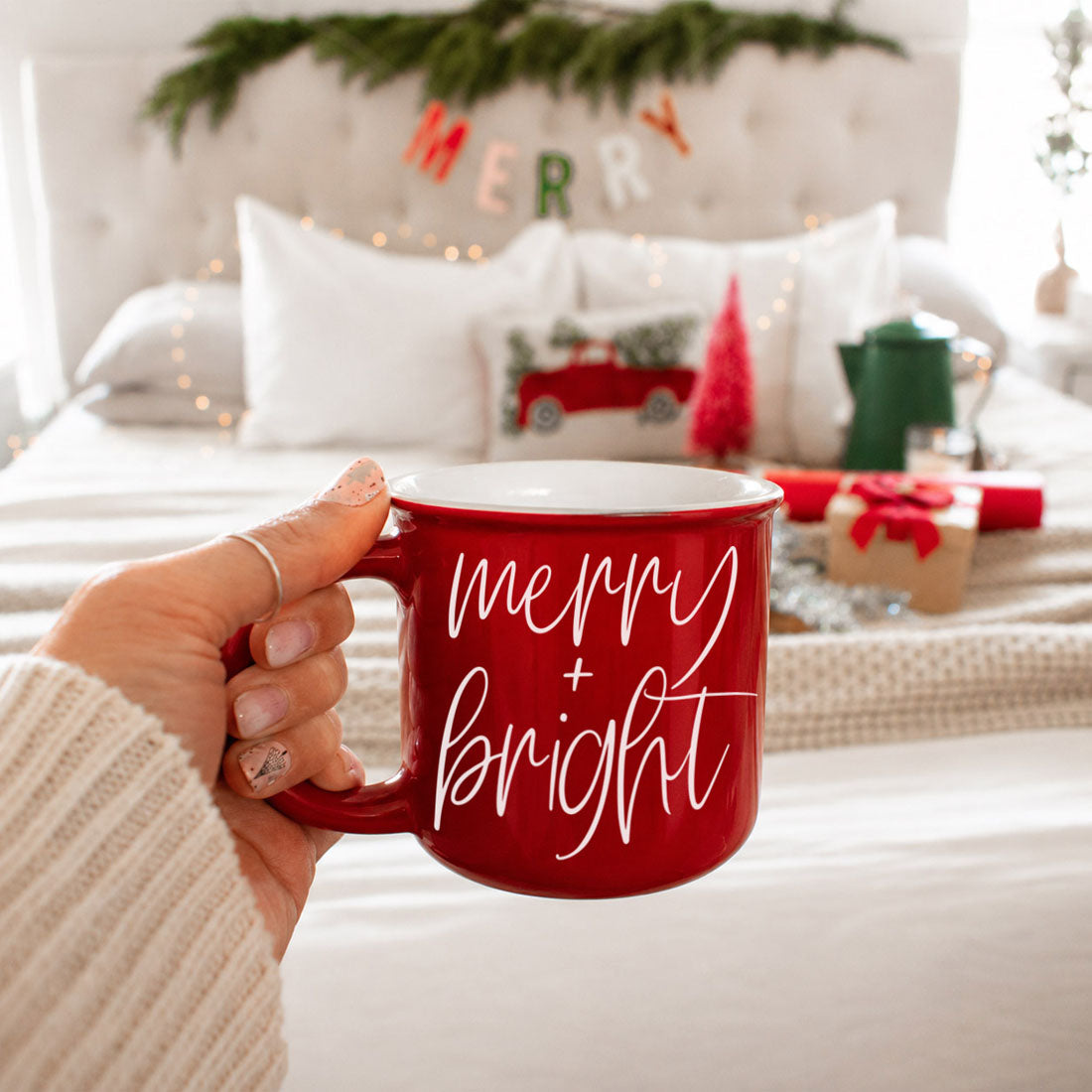 Coffee mug Gia Roma red with white cursive Merry + Bright on Tampa Home & Garden Store