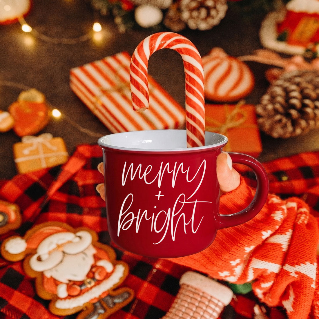 Merry & Bright Gia Roma coffee mug red glaze with white script, candy cane accent on Tampa Home & Garden Store