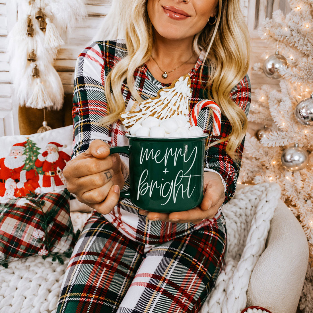 Mug Gia Roma Merry & Bright green ceramic coffee mug with marshmallows and candy cane on Tampa Home & Garden Store