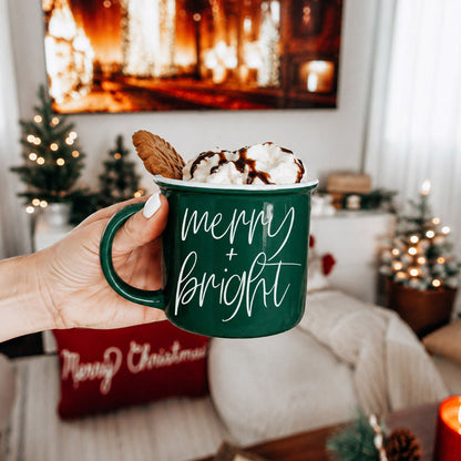 Coffee mug Gia Roma green with merry + bright script, whipped cream topping on Tampa Home & Garden Store