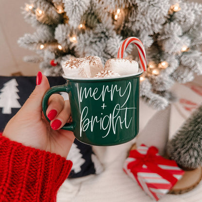 Merry & Bright PRE-ORDER green coffee mug with marshmallows and a candy cane on Tampa Home & Garden Store