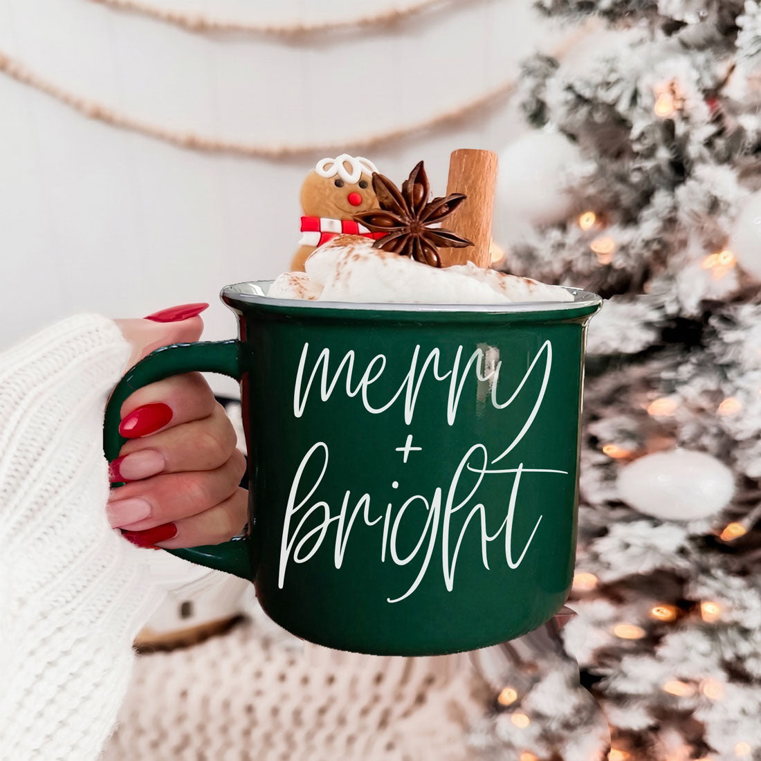 Merry & Bright mug green ceramic with white script on Tampa Home & Garden Store