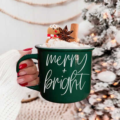 Merry & Bright mug green ceramic with white script on Tampa Home & Garden Store