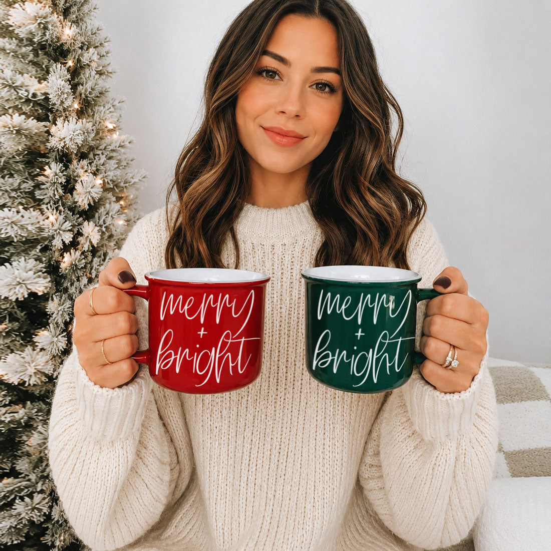 Coffee mug set Merry & Bright by Gia Roma, red and green 2 mugs held by a woman on Tampa Home & Garden Store