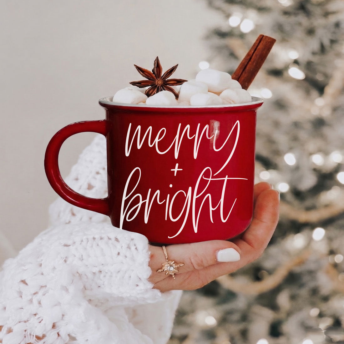 Merry & Bright coffee mug red Gia Roma mug with white script, marshmallows, cinnamon stick on Tampa Home & Garden Store