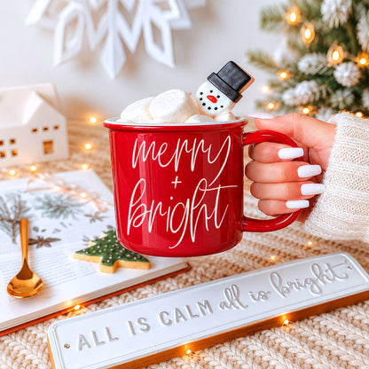 Merry & Bright coffee mug by Gia Roma in red with marshmallows and snowman stirrer on Tampa Home & Garden Store