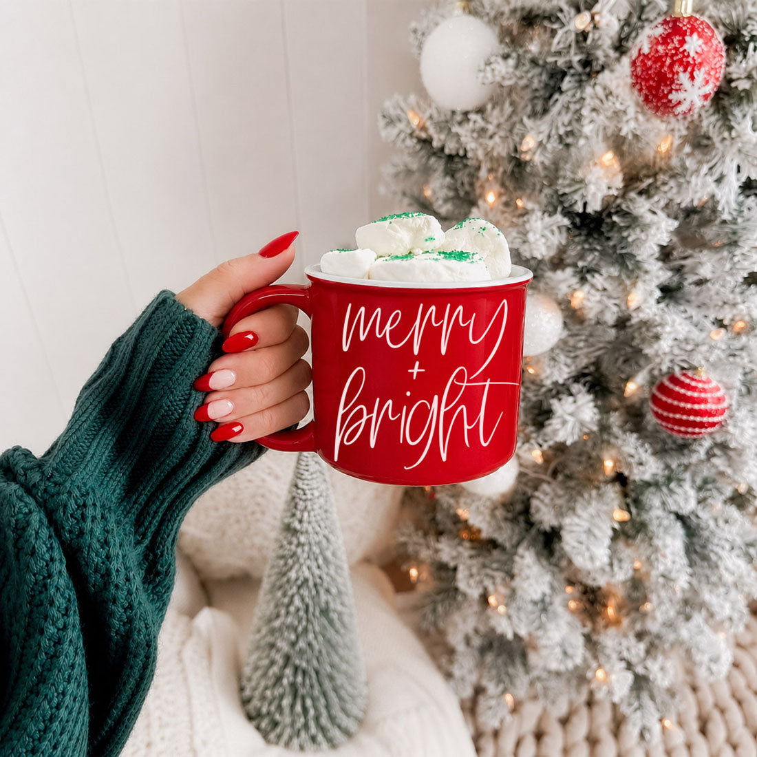 Gia Roma Merry & Bright coffee mug, red ceramic with white script, marshmallows on top on Tampa Home & Garden Store